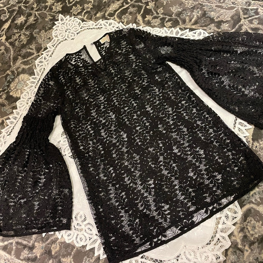 Michael Kors Sheer Lace Bell Sleeve Blouse Tunic Top S